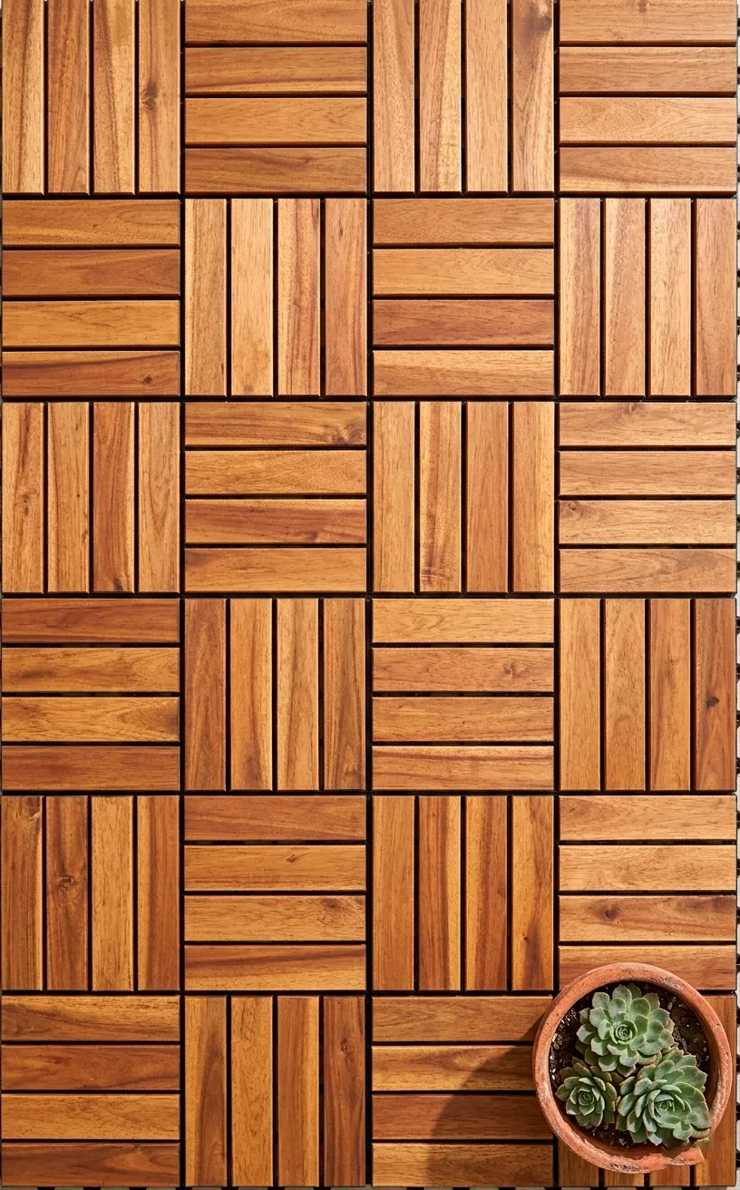 Acacia wood interlocking deck tiles installed on a small apartment balcony floor.