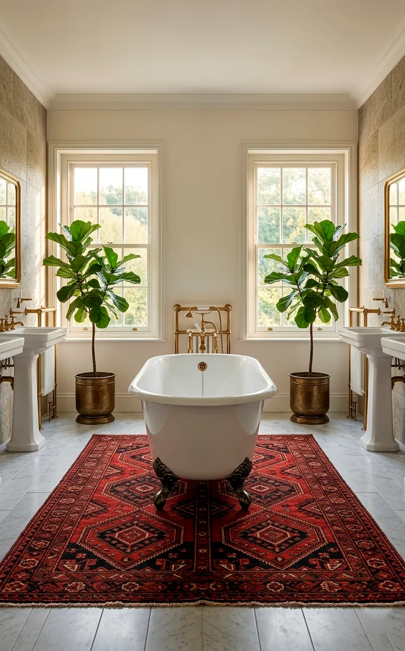 Symmetrical tribal kilim rug in a balanced bathroom layout with a central clawfoot tub.