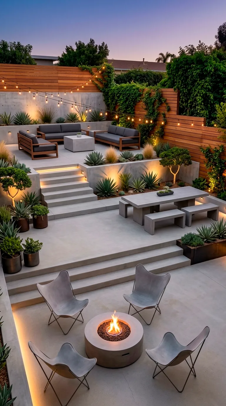 Multi-level tiered concrete patio with modern furniture and lighting.