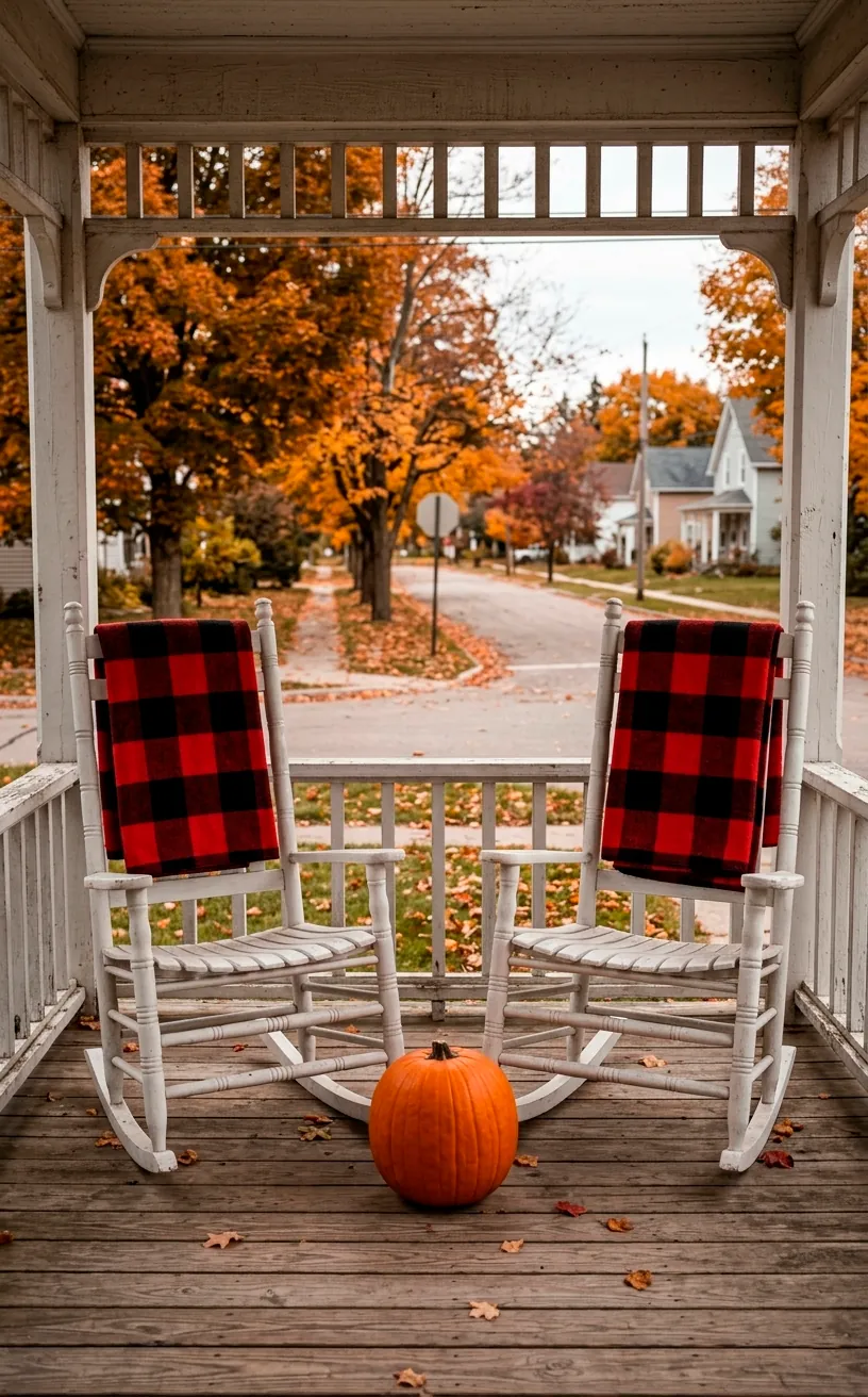 White rocking chairs with red plaid blankets and a pumpkin on a porch.