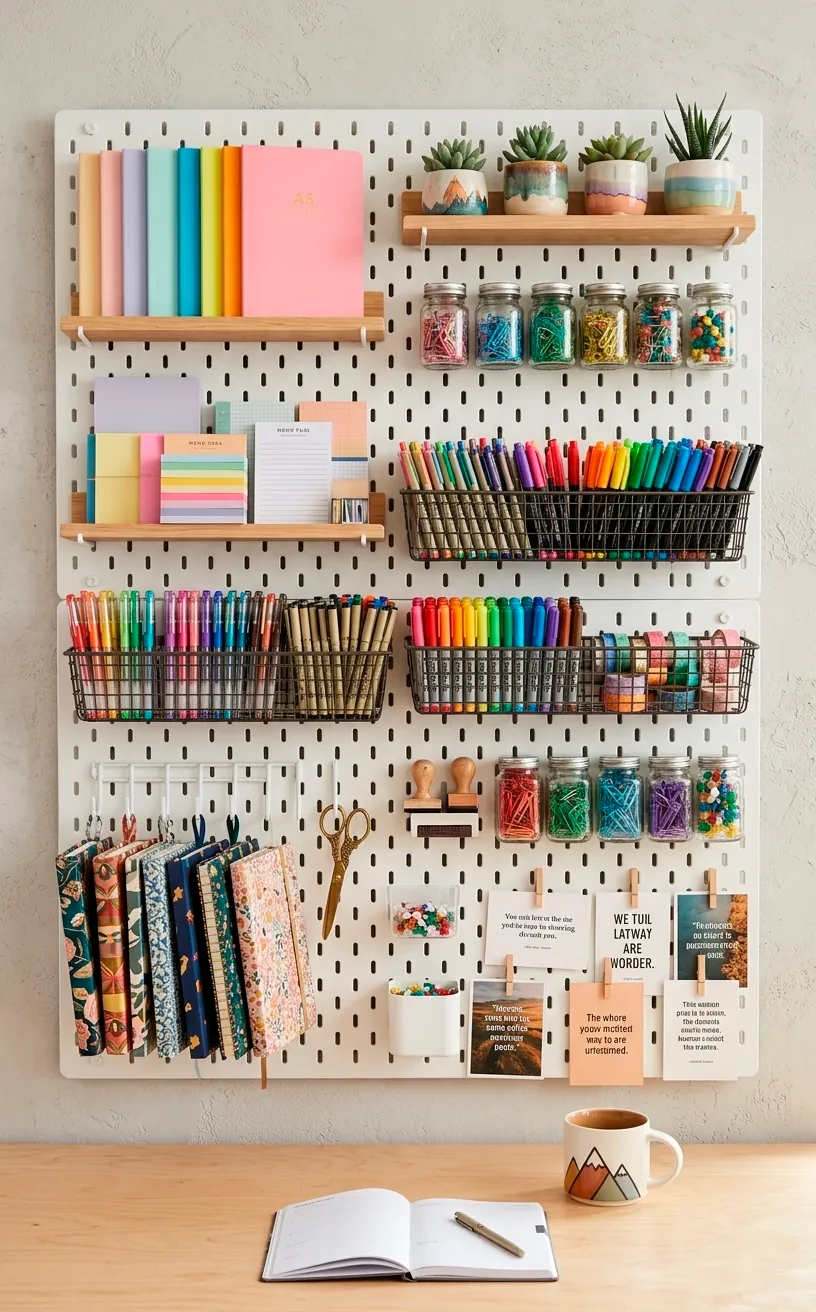 Large white pegboard with wooden shelves and organizers above a birch desk.