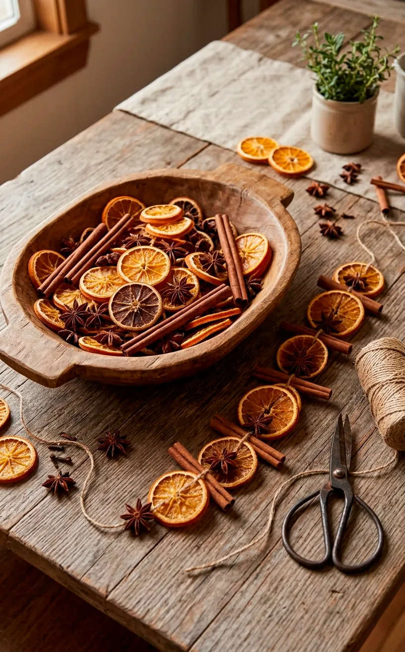 Dried orange slices and cinnamon sticks on a rustic table for holiday DIY decor.