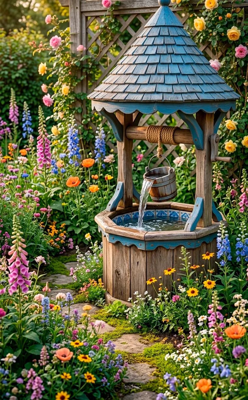 Small garden wishing well fountain with blue trim and wildflowers.