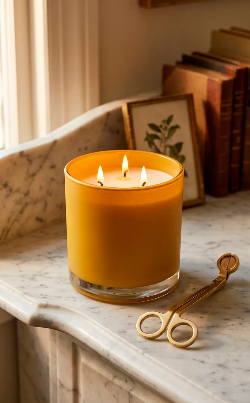 Mustard yellow scented candle in a glass jar on a marble mantle.