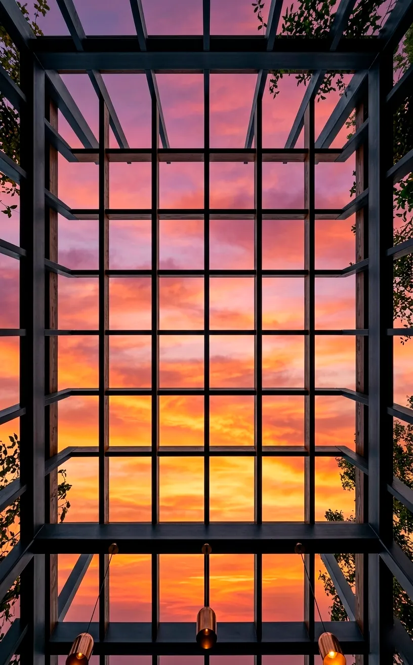 Modern charcoal grey pergola beams against a sunset sky.