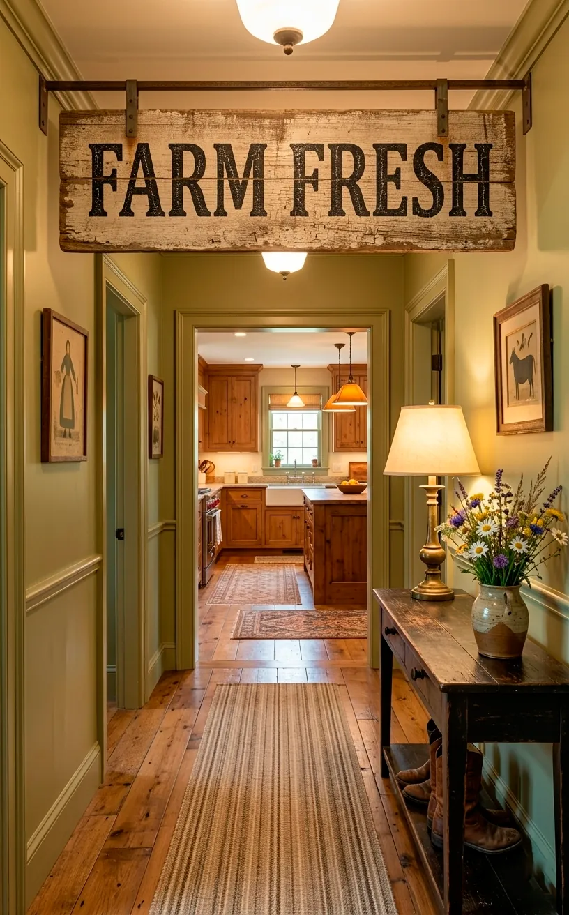 Vintage 'Farm Fresh' wooden sign above a kitchen doorway.