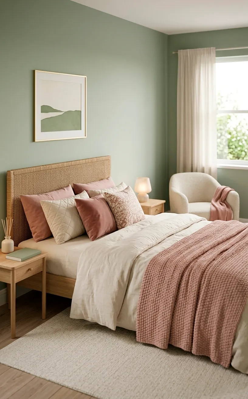 Peaceful bedroom with sage green walls and dusty rose bedding.