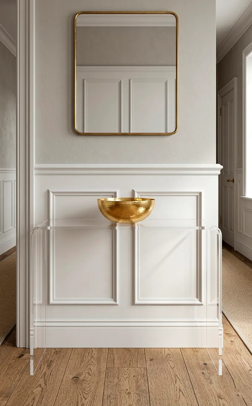 Clear acrylic console table in a bright minimalist hallway.