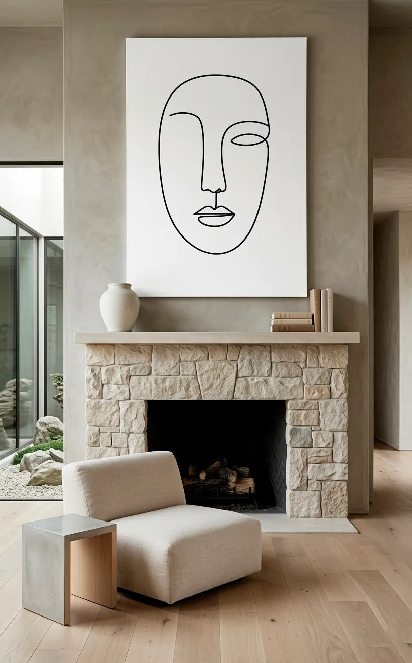 Oversized minimalist single line art above a traditional stone fireplace.