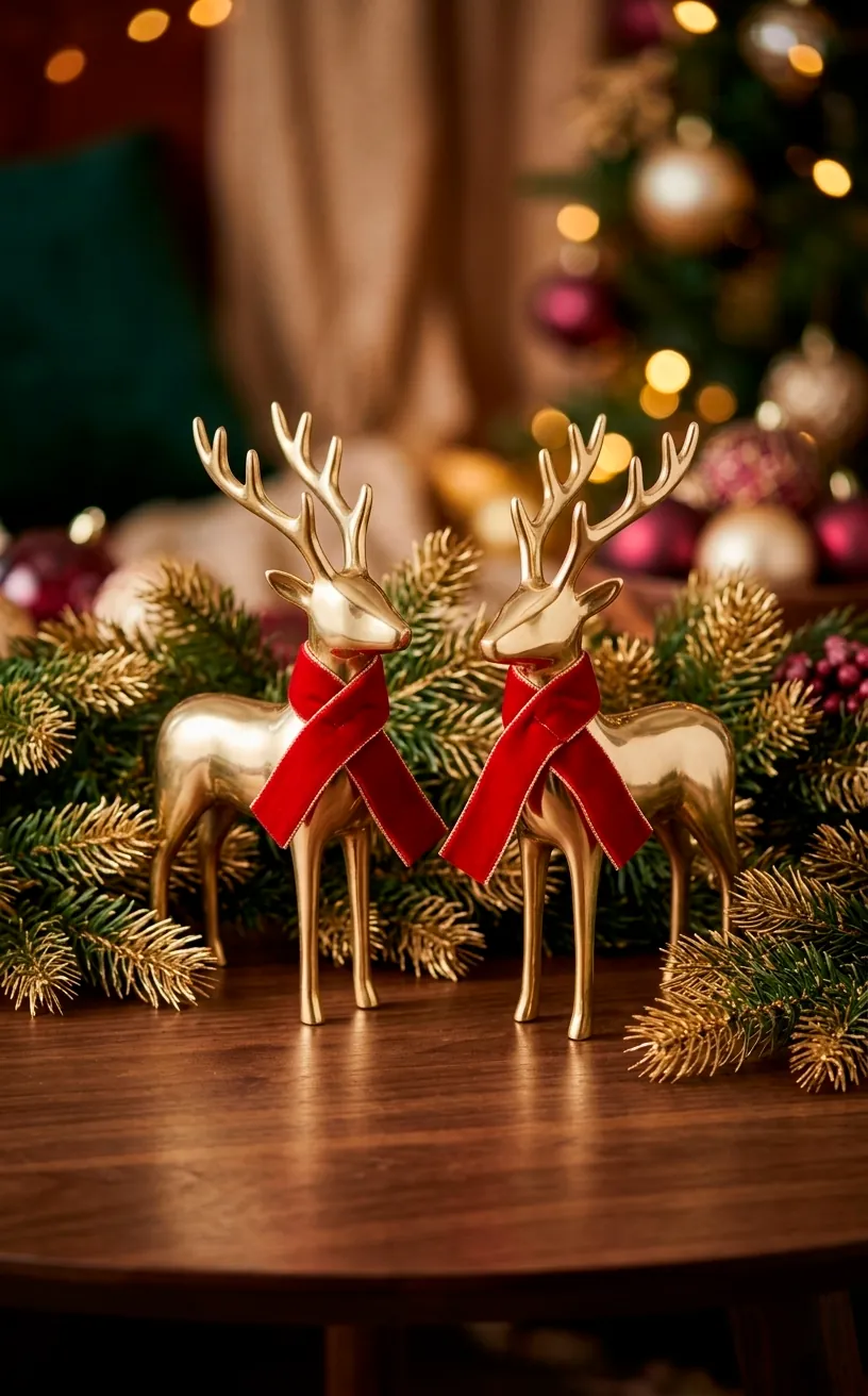 Gold reindeer statues with red velvet scarves among evergreen branches.