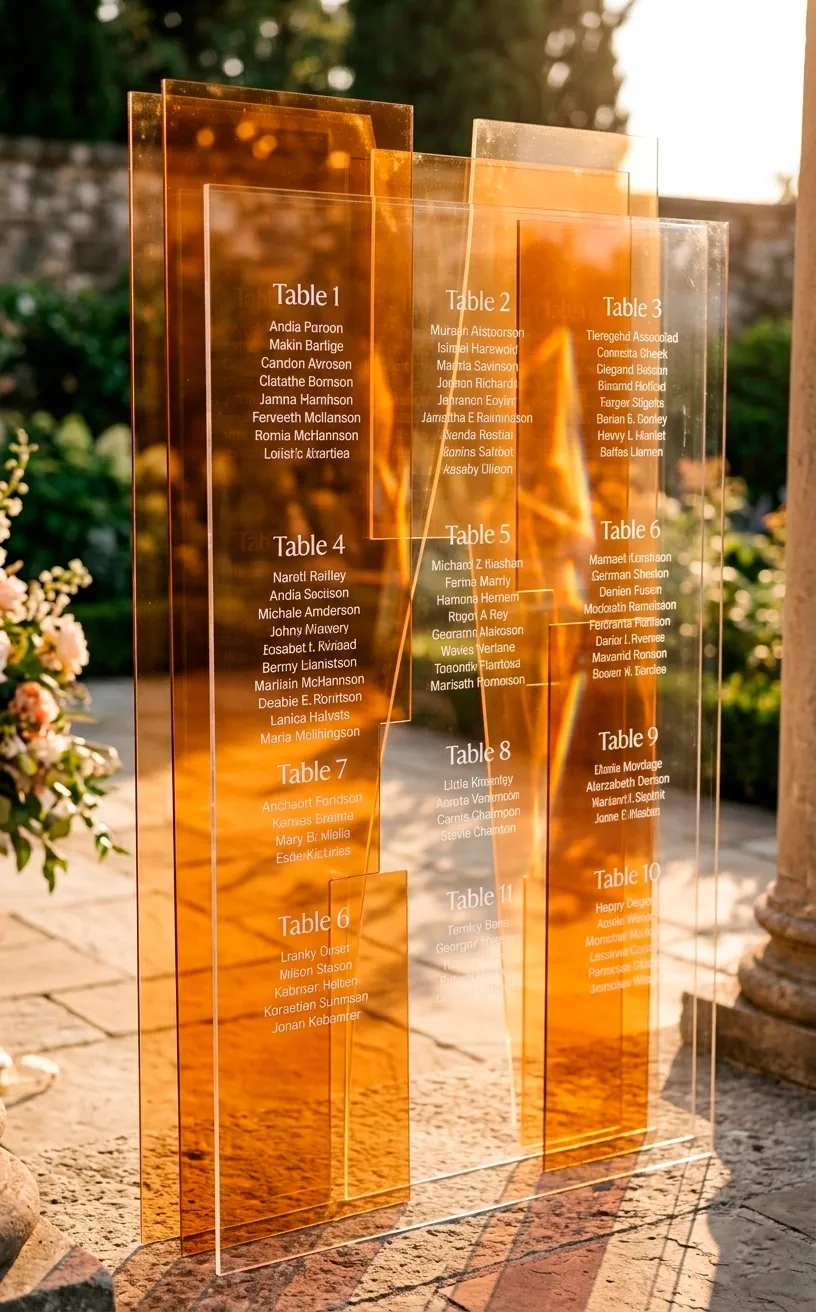 Layered colorful plexiglass wedding seating chart with 3D depth.