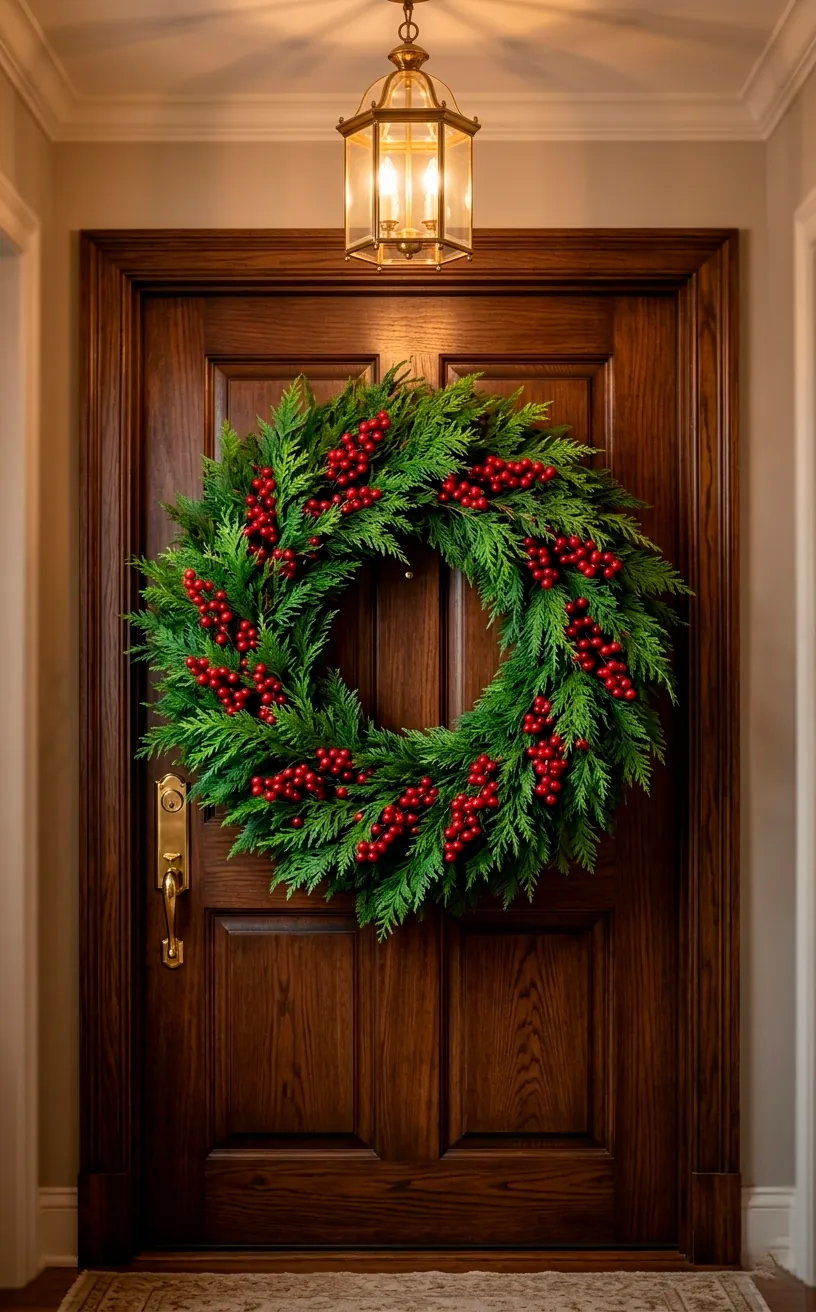 A fresh cedar and berry winter wreath hanging on the inside of a foyer door.