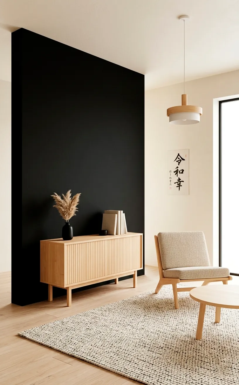 High-contrast room with Off-Black accent wall and maple furniture.