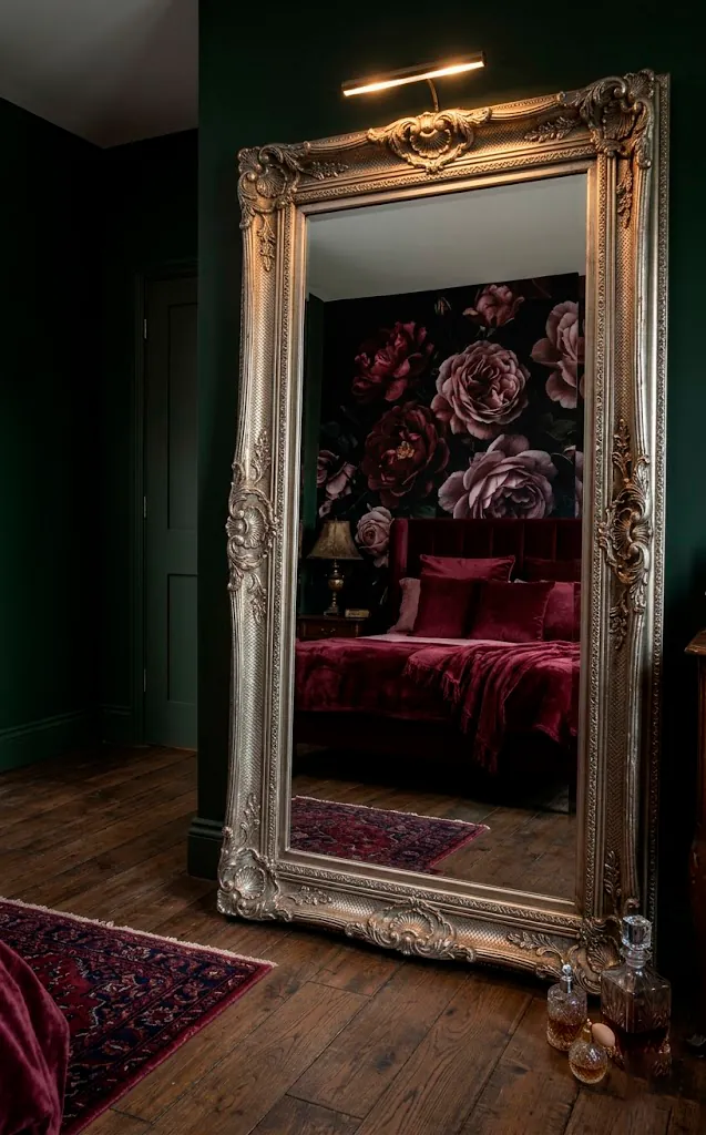 Antique floor mirror with floral carvings reflecting a moody bedroom interior.