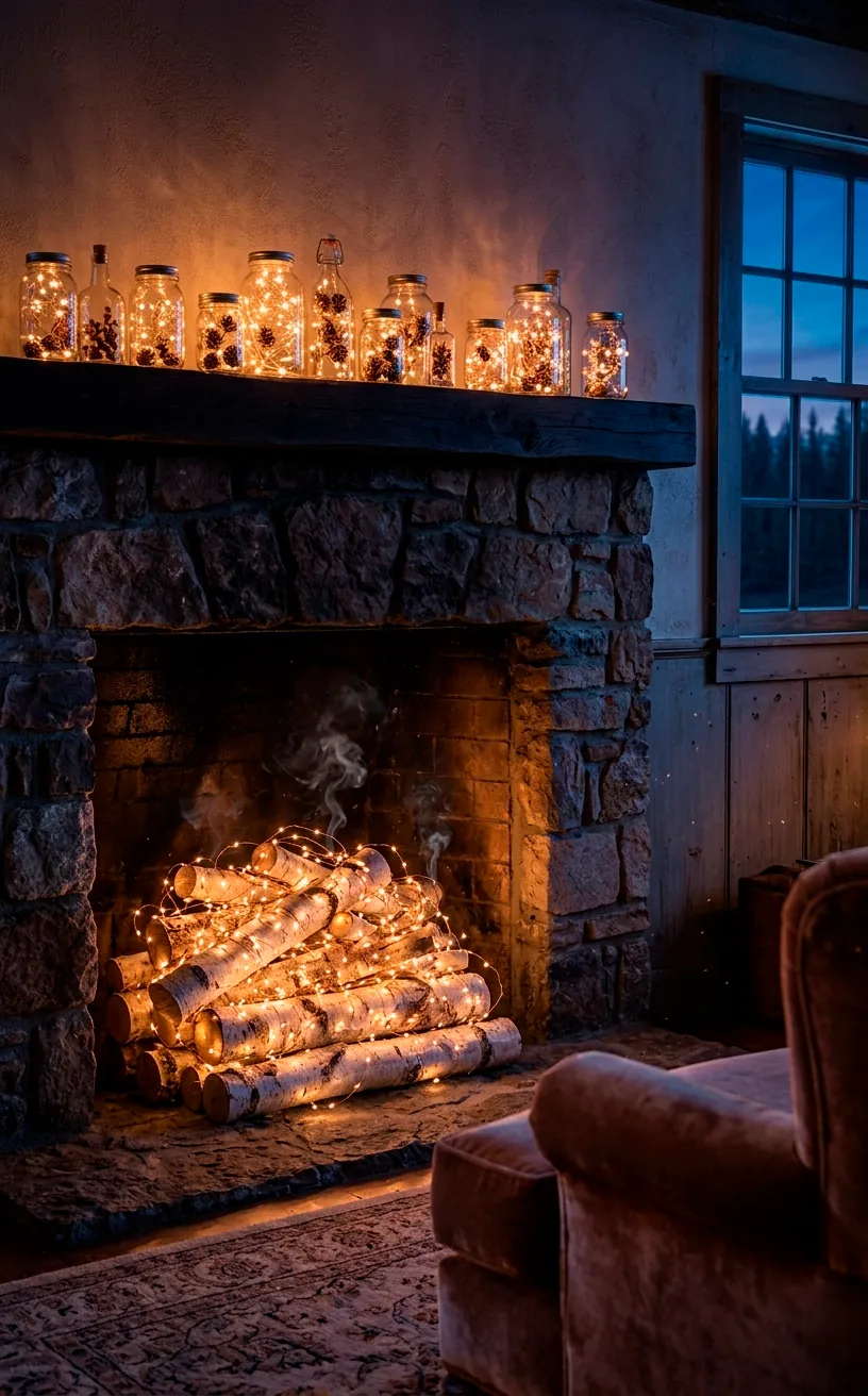 Birch logs wrapped in fairy lights inside a fireplace, creating a warm glow.