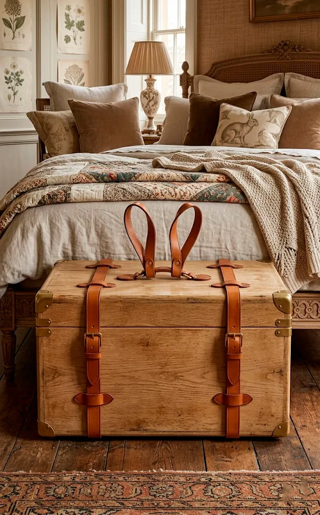 Wooden storage trunk with leather straps shaped like rabbit ears.