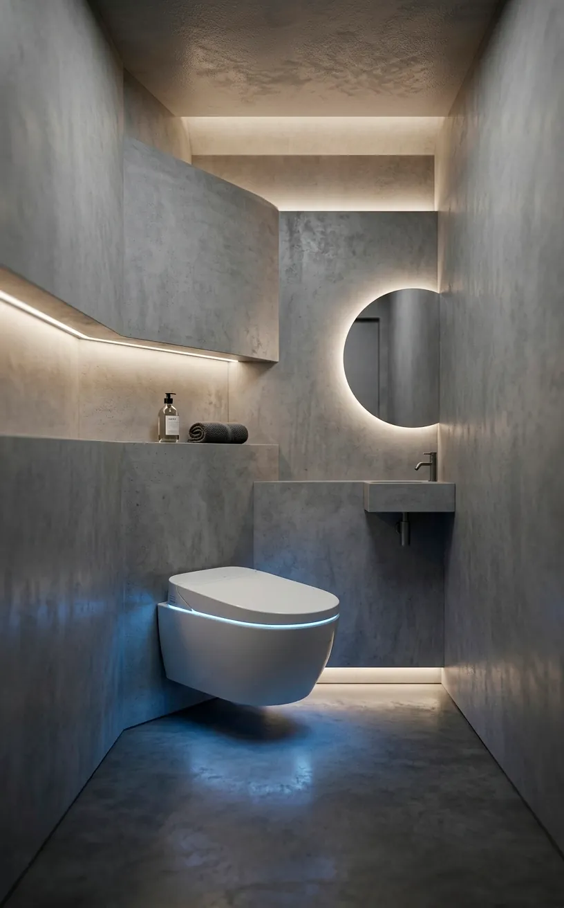 Wall-mounted smart toilet with integrated lighting in a modern concrete powder room.