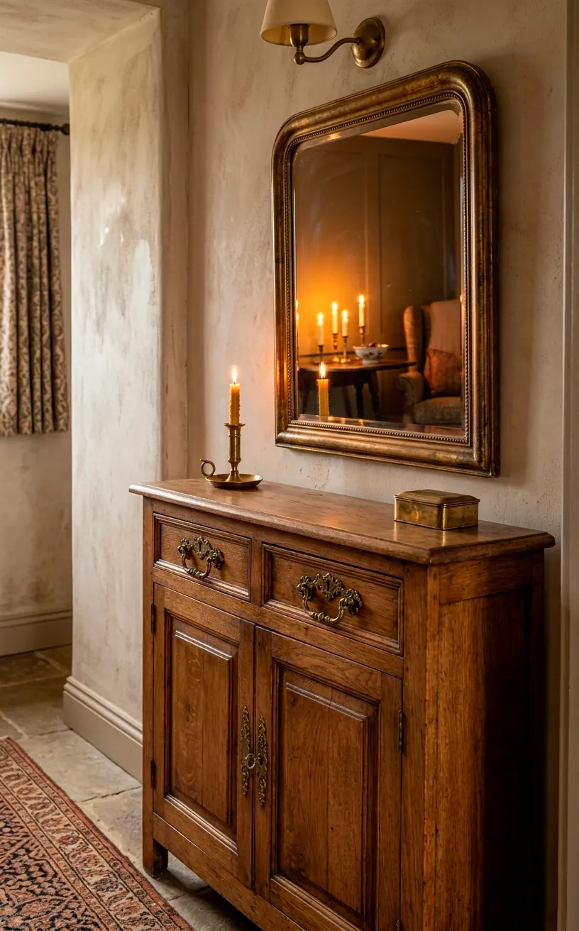 Vintage brass hardware on a rustic wooden cabinet with a brass mirror.