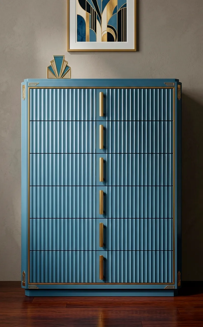 Art Deco dusty blue dresser with fluted drawer fronts and gold trim.