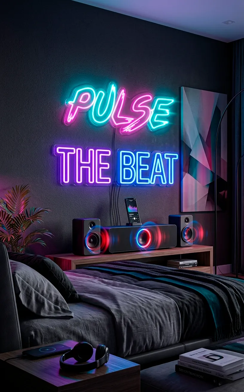 Sound-reactive neon signs pulsing in a dark cyberpunk-themed bedroom.