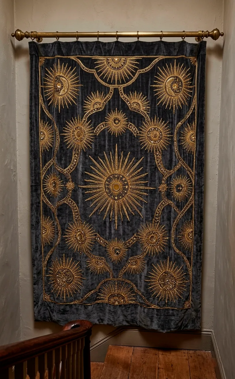 Charcoal and gold embroidered tapestry on a staircase wall.