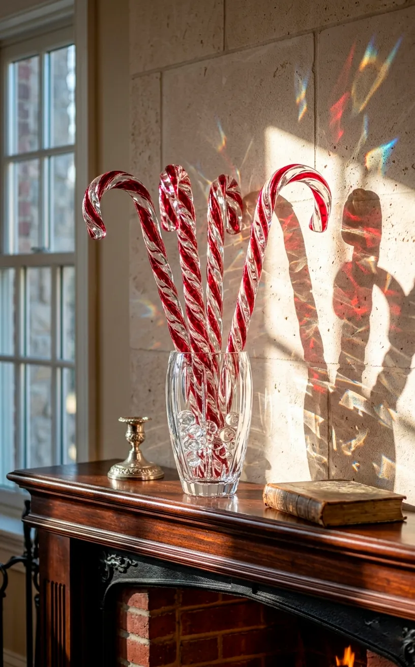 Vibrant glass candy canes in a crystal vase on a fireplace mantel.