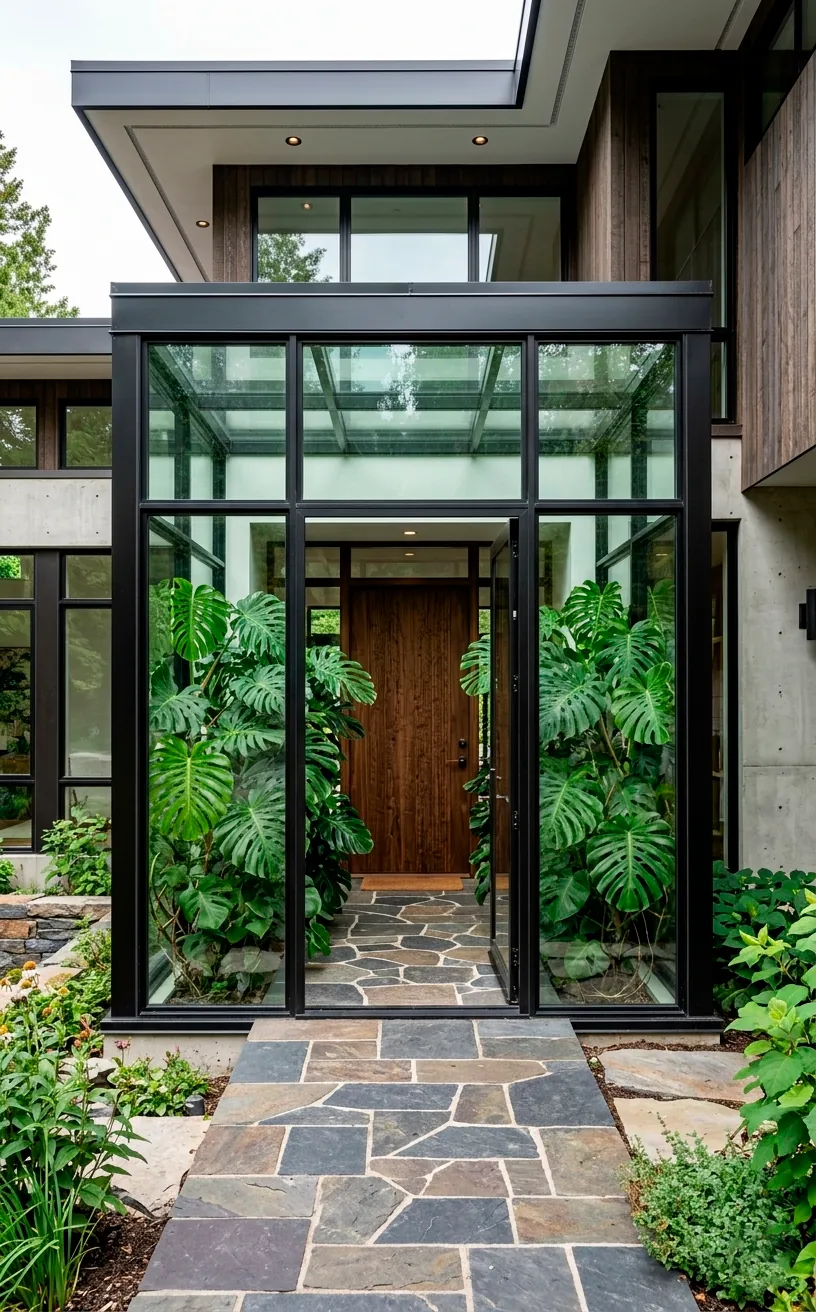 Modern glass atrium entrance with tropical indoor plants and stone walkway.