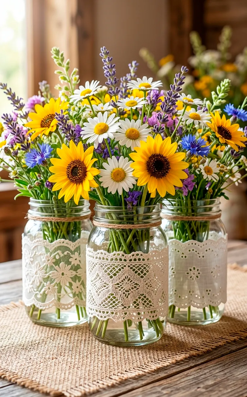 Wildflower wedding centerpieces in jars wrapped in white lace on a burlap runner.