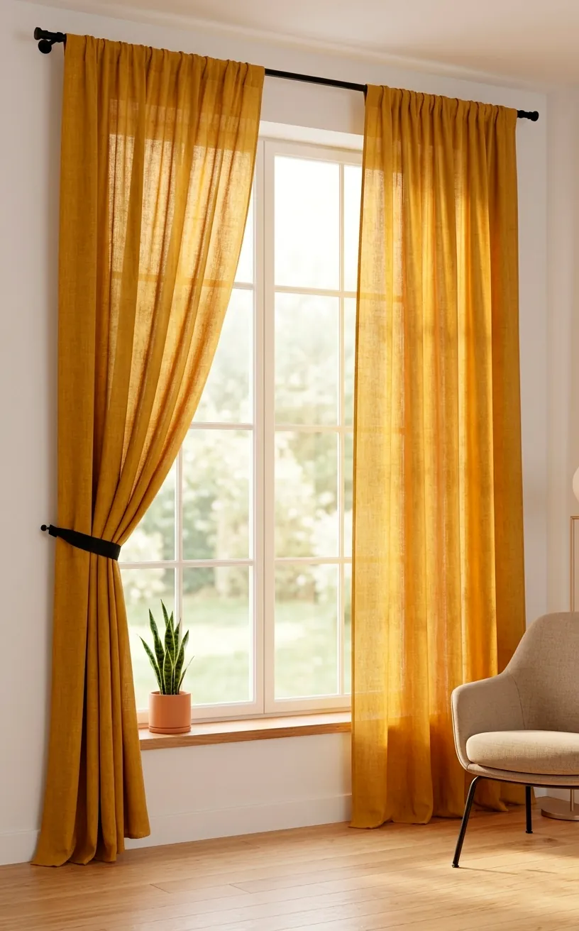 Mustard yellow linen curtains hanging in a bright, sun-drenched modern living room.