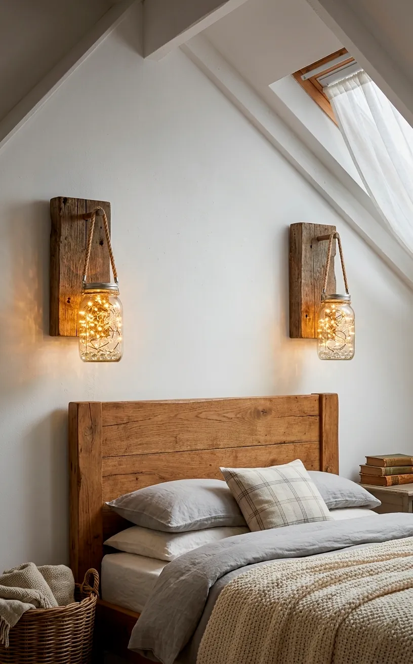 Handmade mason jar wall sconces on reclaimed wood in a cozy loft.