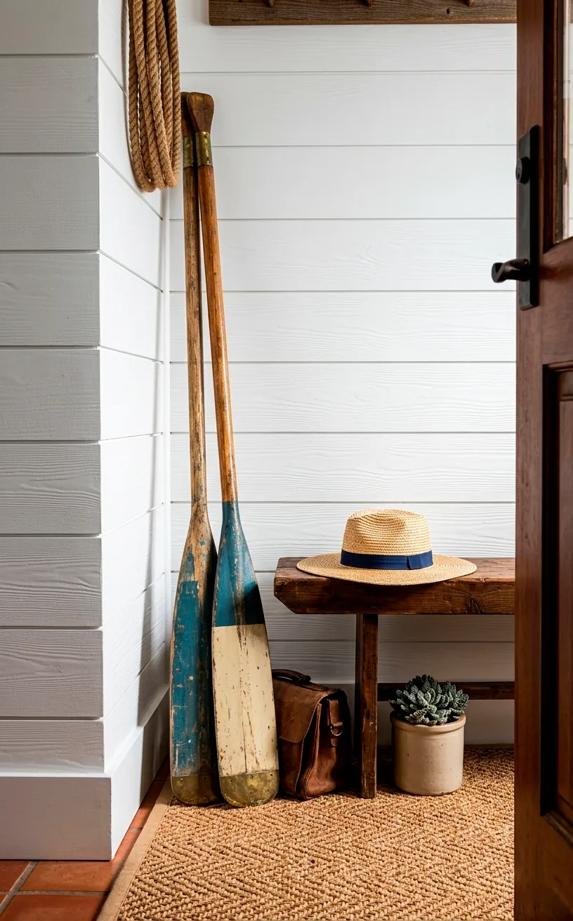 Coastal entryway with vintage oars and a wooden bench against shiplap walls.
