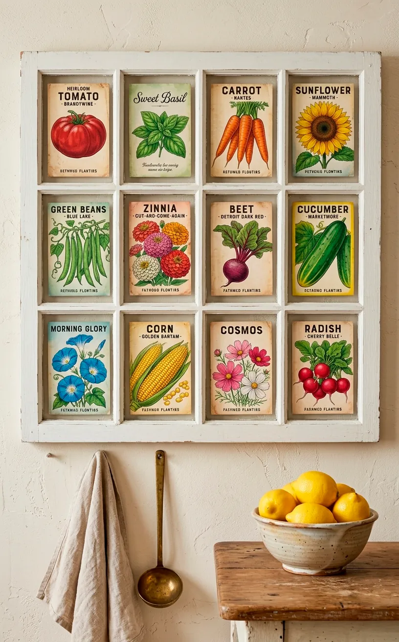Multi-window frame with vintage seed packets on a rustic farmhouse kitchen wall.