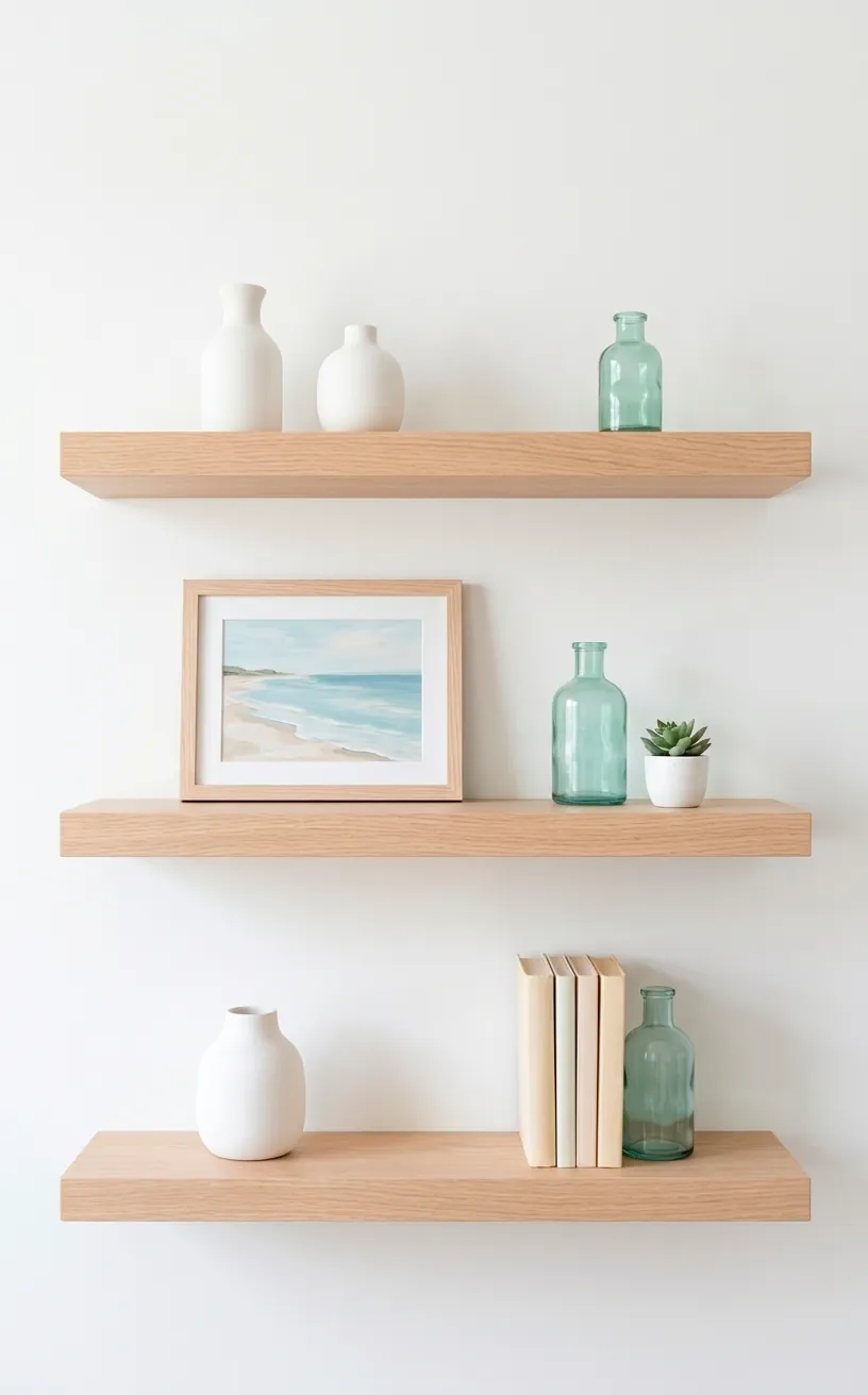 Styled open shelving with coastal ceramics and sea-glass bottles.