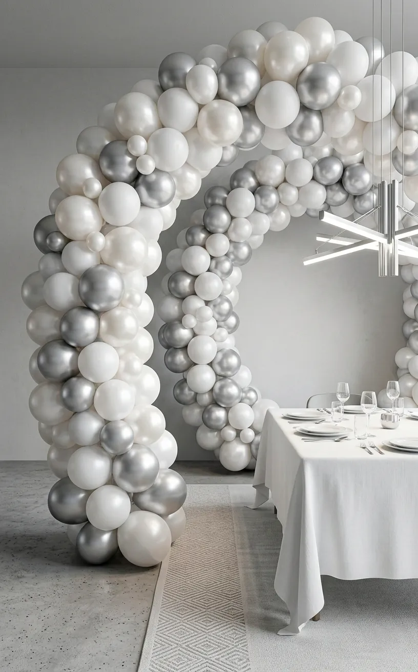 Sophisticated monochrome white and silver balloon arch for an elegant brunch.