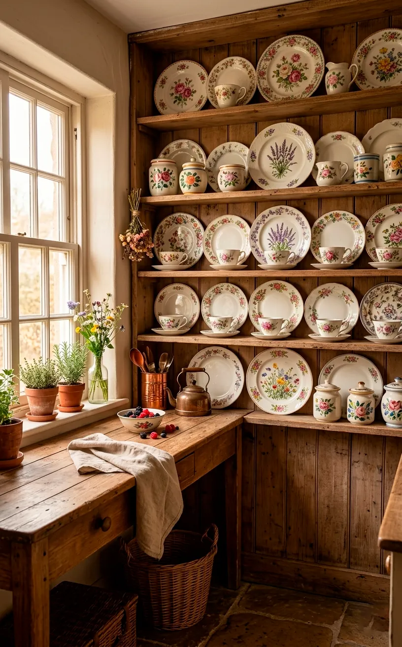 Collection of mismatched vintage floral porcelain plates and teacups on rustic wooden kitchen shelves in soft light.