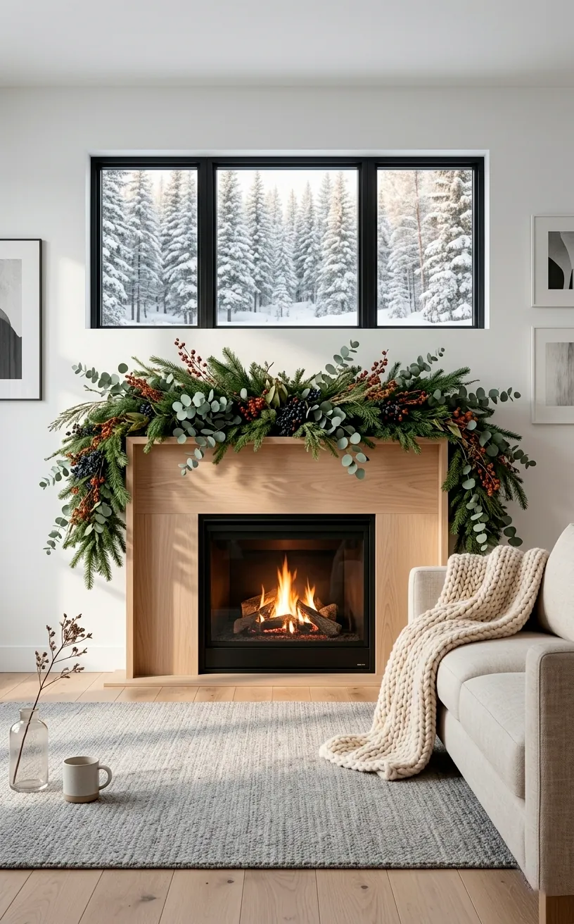 Scandinavian living room with a real evergreen garland on a minimalist fireplace.