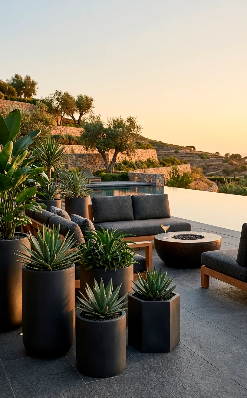 Large matte charcoal planters with architectural plants on a luxury modern patio.