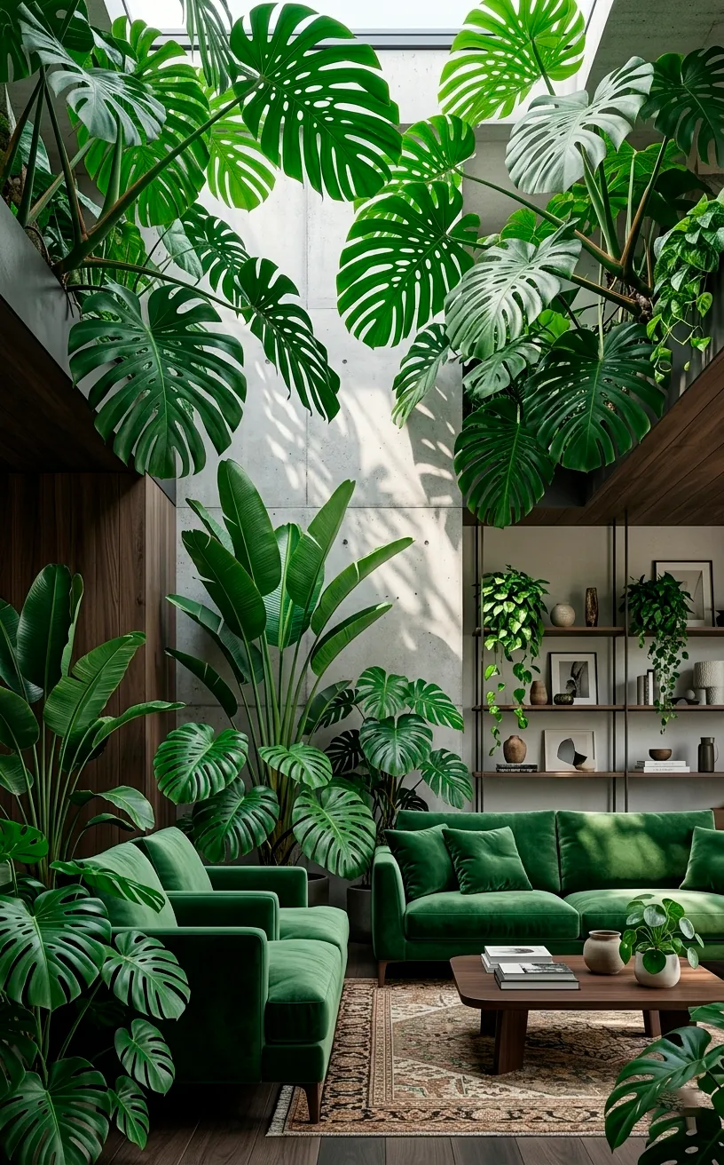 Lush indoor jungle living room design featuring massive Monstera plants and velvet furniture.