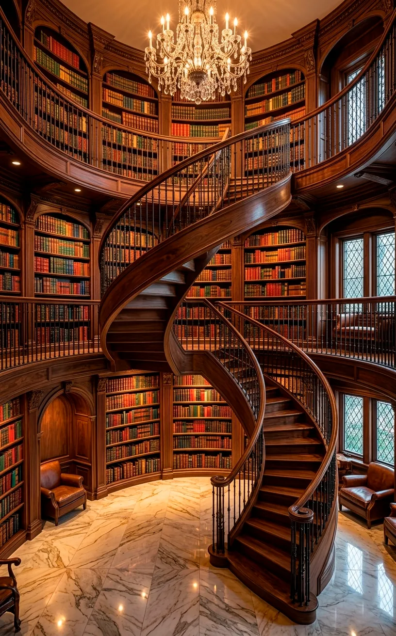 A grand multi-level home library with a spiral staircase and ornate walnut bookshelves.