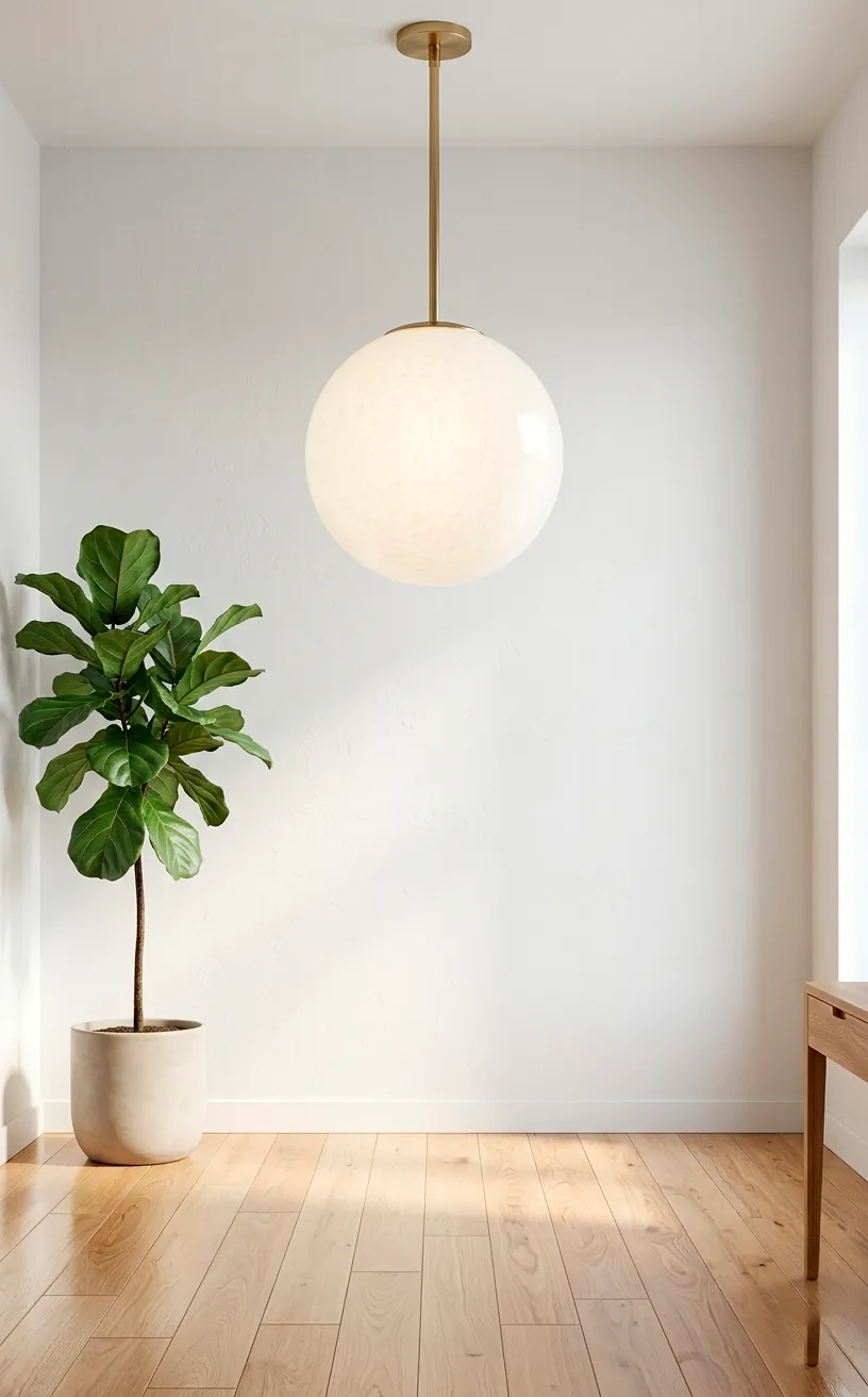 Large milk glass globe pendant light with brass stem in a minimalist foyer with a plant.