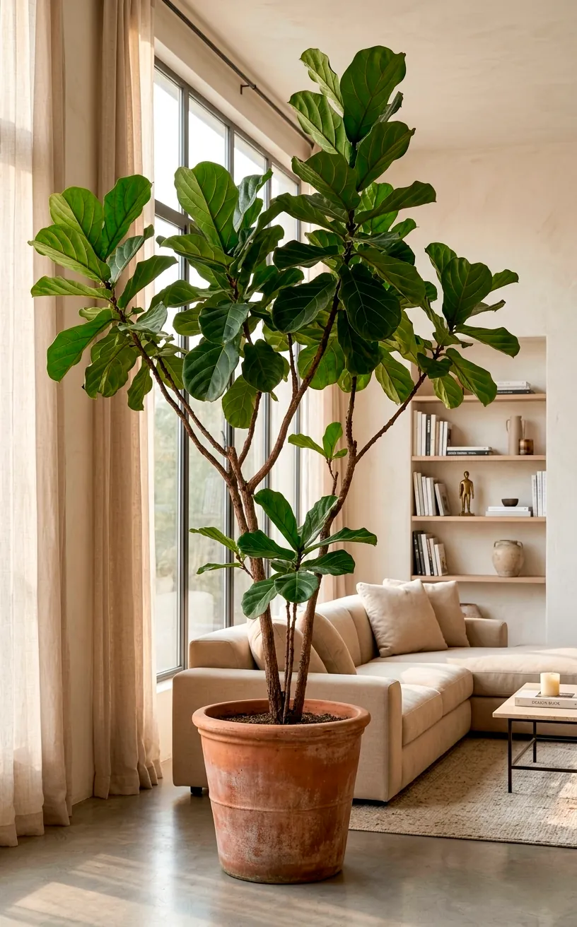A large multi-stemmed Fiddle Leaf Fig tree in a terracotta pot within a bright modern living room.