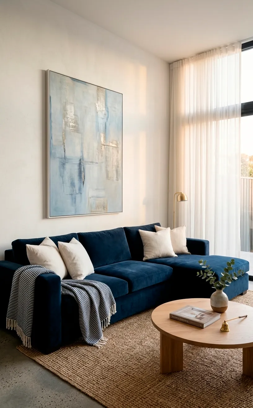 Sophisticated living room with navy velvet sectional sofa and neutral accents.