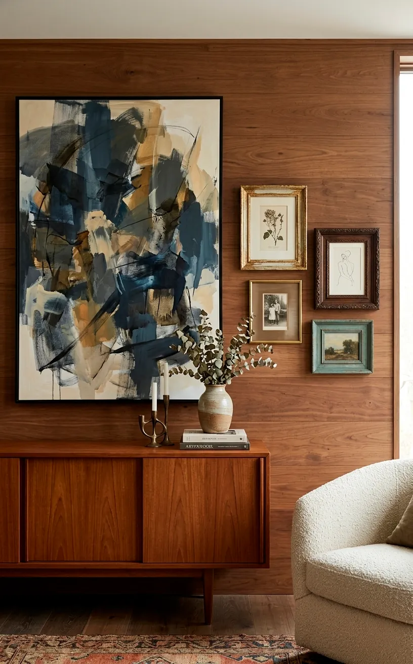 Off-center anchor layout for a gallery wall featuring one large painting and smaller frames.