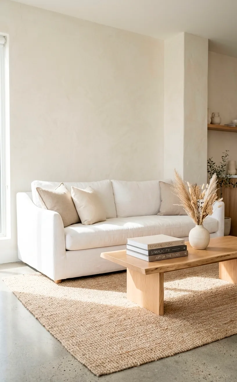 Minimalist coastal studio corner with white linen sofa and sandy toned decor.