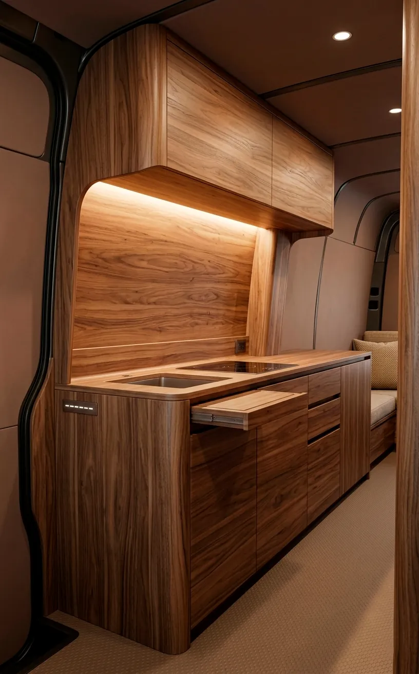 Sleek walnut custom cabinets in a luxury Sprinter van with hidden latches and ambient light.