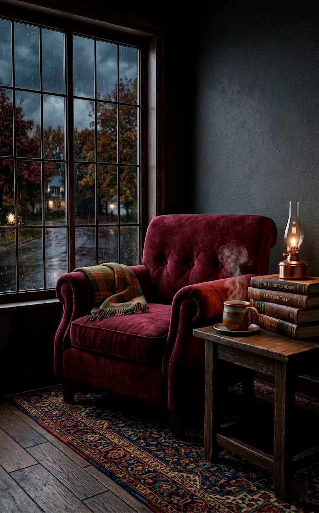 Moody dark academia reading nook with burgundy velvet chair and charcoal walls.