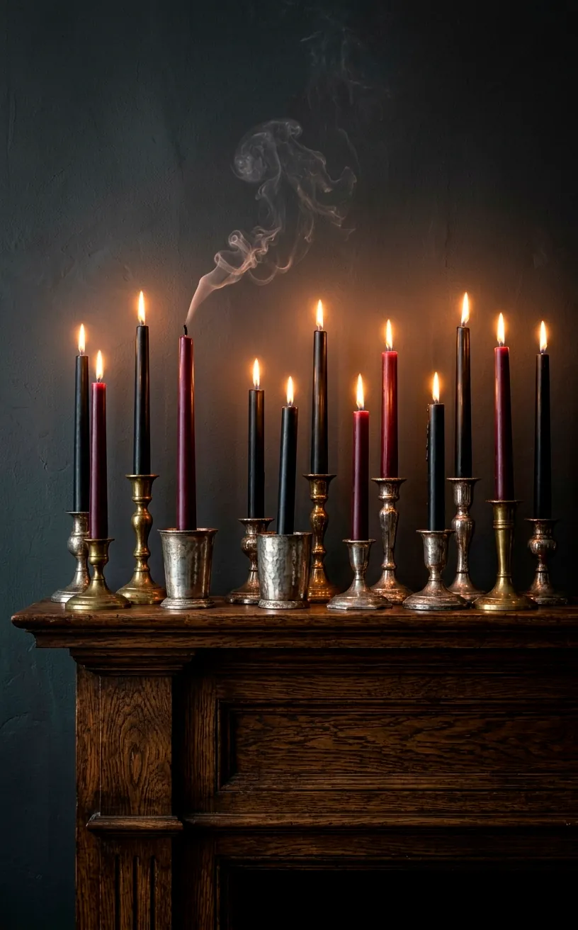Black and burgundy taper candles in antique holders on a dark mantel with moody smoke curls.