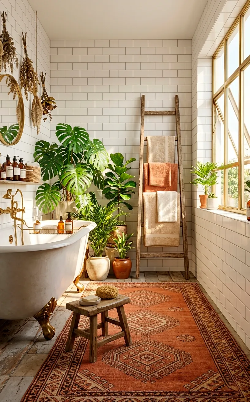 Terracotta kilim rug in a bright boho bathroom with brass fixtures and indoor plants for a cozy interior design.