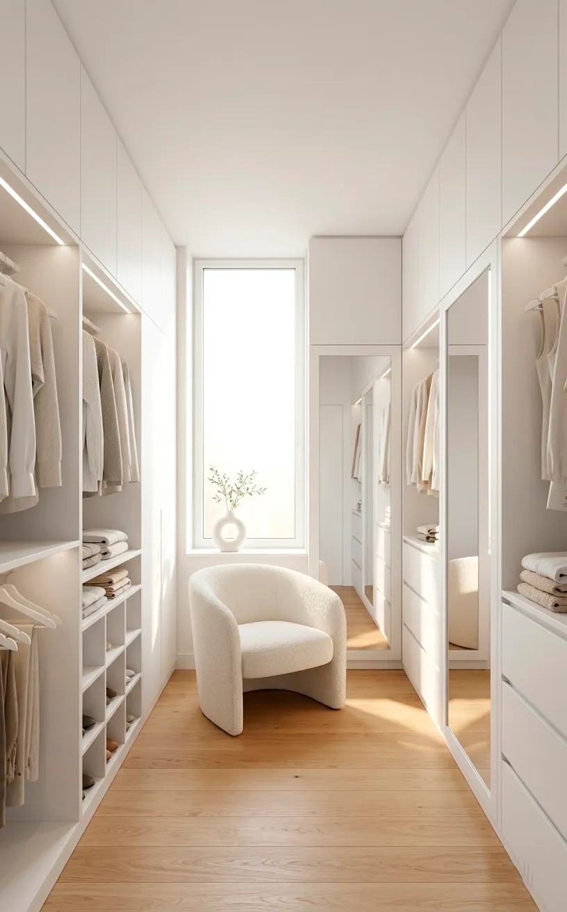All-white monochrome small dressing room with seamless built-in cabinets and bright natural light.