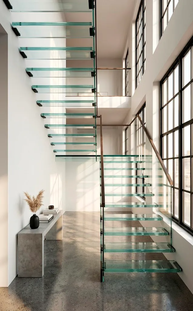Hero shot of a cantilevered glass staircase floating in a sunlit modern urban loft with concrete floors.